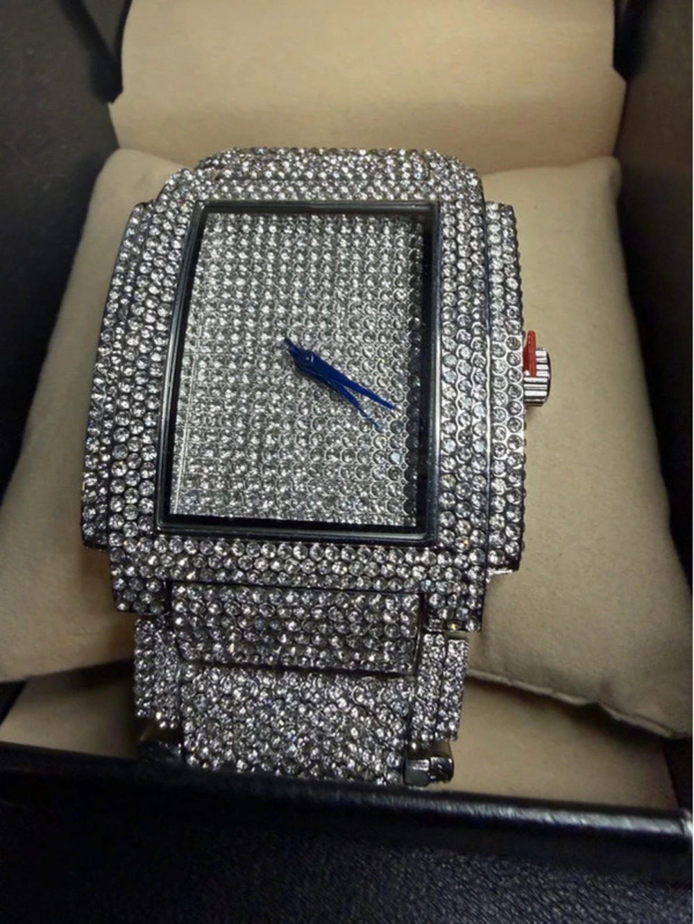 #602  42mm Iced Out Bling Chandelier Watch – Silver Tone with Blue Hands
